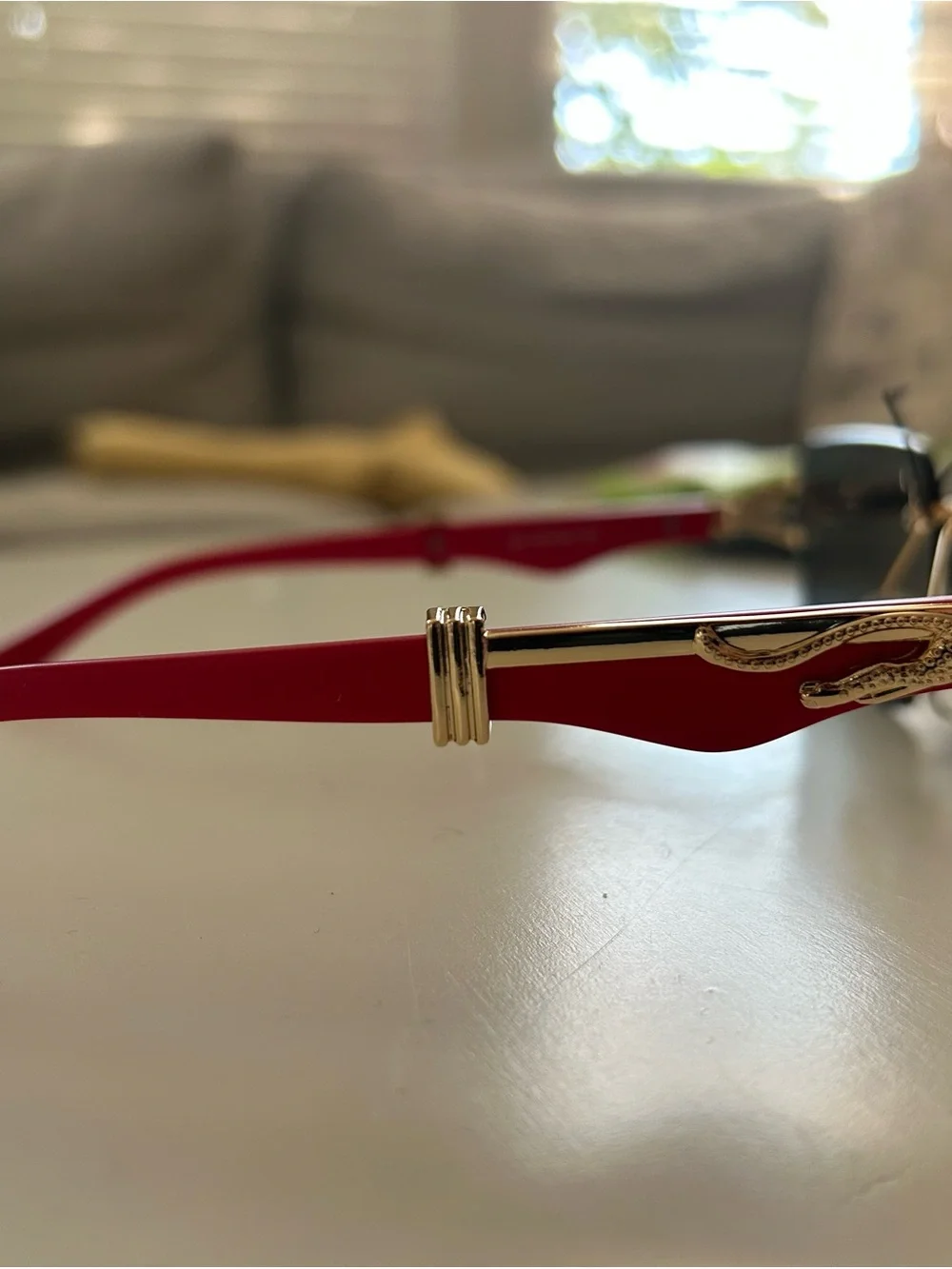 Men’s Rimless Sunglasses — Black Lenses with Red & Gold Accents